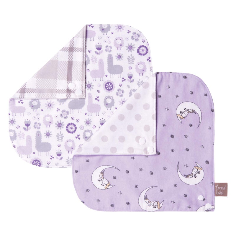 Trend Lab Llamas and Unicorns 2 Pack Reversible Flannel Bandana Bib Set-Unicorn/Dot, Llama/Plaid Prints, Purple, Gray, 100% Cotton Flannel, Snap Closure, 11.5 in x 11.5 in Each - Image 2